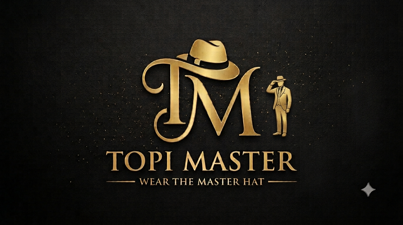 Topi-Master logo — gold monogram with a fedora, tagline Wear the Master Hat